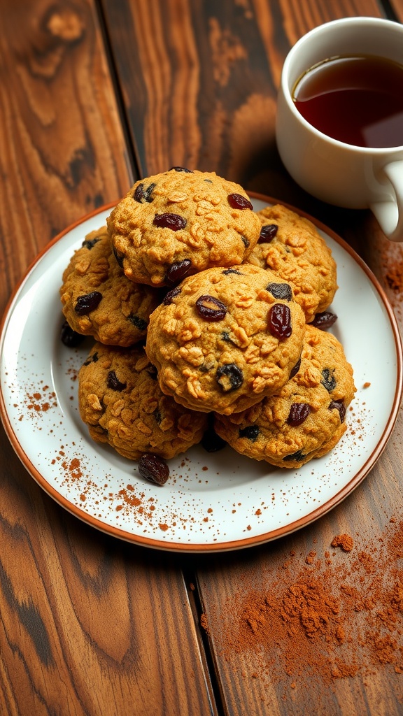 A stack of golden brown oatmeal raisin cookies on a rustic plate, with a cup of tea in the background.